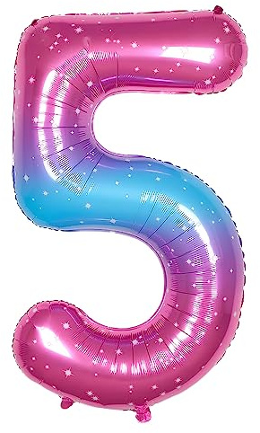 Ponmoo 40 inches Foil Balloons Numbers 5 Pink-Blue Gradient (101cm), Inflatable Helium or Air, Giant Balloon Number 0-9, 10-100, Grand Balloons for Anniversary Wedding Birthday Party Decoration