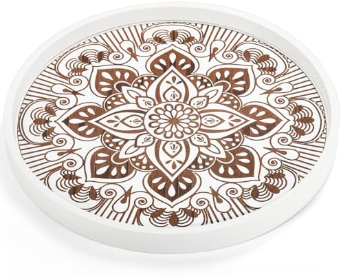 ZEAYEA Round Wood Decorative Tray, Rustic Coffee Table Tray, Boho Ottoman Trays, Wooden Centerpiece Serving Trays for Kitchen Counter Home Decor, 12 Inch