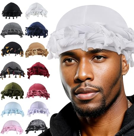 Babalet Turbante Halo para hombres y mujeres, con forro de satén, Durag, gorro de calavera, borlas preatadas, trenzado, gorro vintage, 1 unidad, color blanco, Talla única