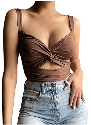 Sommartoppar dam Y2K – sexiga toppar damer urringad fest – sommarväst twisted cut out top stretchig slips V-hals rygglös camisole topp ärmlös linne cami linne sexig v-ringad toppar
