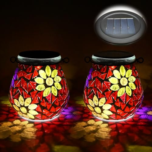 TOTHDATE 2 st ovala solmosaiklampor utomhus, på/av glas hängande solljus, solmosaiklyktor IP65 vattentät för trädgårdsbord, gräsmatta, gård, däckstaket, blommor mosaikljus 2
