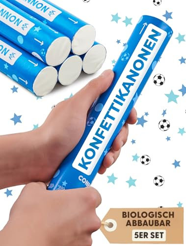 Partyjoker 5 Cannoni Spara-Confetti Compleanno Bambini Biodegradabile - Stelle Blu e Confetti Calcio - Carta Certificata FSC® - Per Feste di Bambini ed Eventi Sportivi
