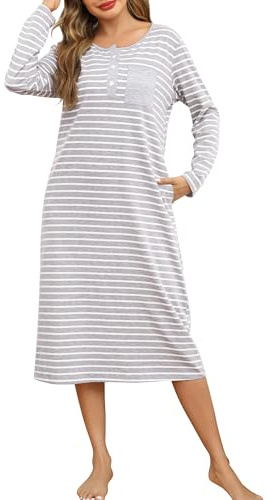 Lovasy Camicia da Notte Donna in Cotone Invernale Manica Lunga | Camicia da Notte a Righe Scollo a V Sexy Sottoveste Curvy con Bottoni Davanti Pigiama Vestito con Tasche
