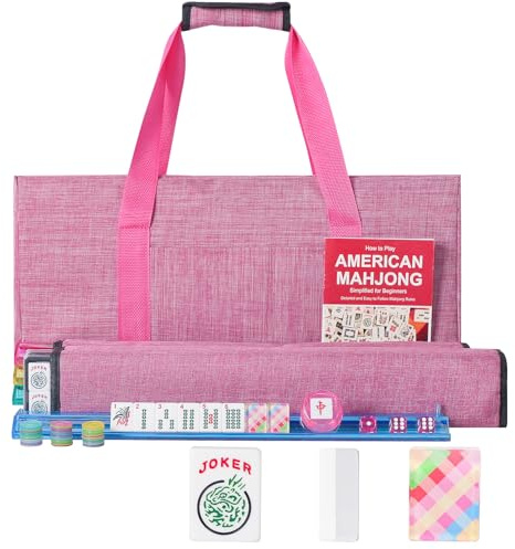 GUSTARIA American Mahjong Set,166 Quality Acrylic Tiles with Colorful Prints, 4 All-in-One Color Rack/Pushers, Complete Mahjong Game Set with Carrying Bag