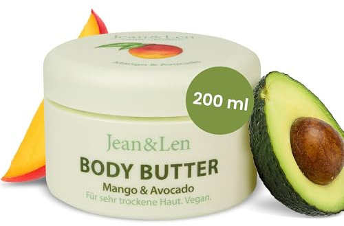 Jean & Len Butter esotico Body Mango & Avocado, nutre intensamente la pelle secca e molto secca, pH-hautideal, con profumo esotico di mango, burro per il corpo, senza parabeni e siliconi, 200 ml