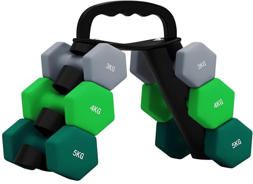 SPORTNOW Set di Manubri da Palestra con Supporto Pieghevole, 2x3 kg, 2x4 kg, 2x5 kg, Manubri per Palestra Esagonali in Metallo con Impugnatura, Allenamento Fitness Casa, Multicolore