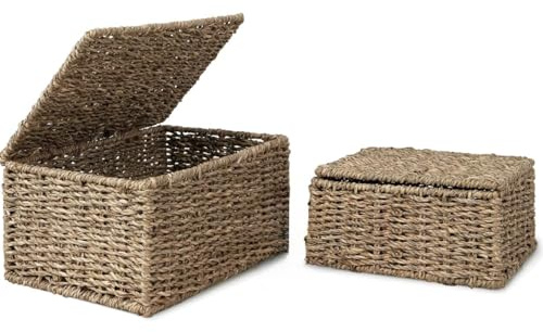 Seagrass Strorage Basket with Lid - Decorative Storage Box for Bathroom, Closet, Shelf - Woven Gift Basket and Hamper for Home (Set of 2 sizes - Small & Medium)