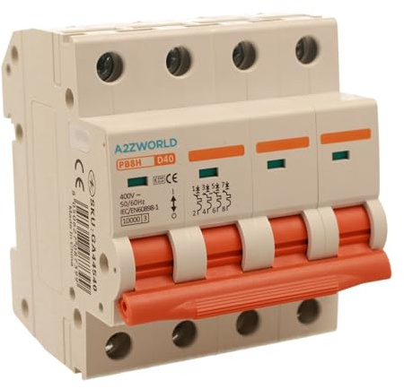 Interrupteur magnétothermique triphasé 4P 40A D40, courbe D 10 kA, 4 modules DIN 380 V AC, certifié IEC60898-1, série PB8H professionnelle