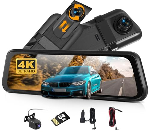CAMECHO 9,66-tums 4K touchscreen dashcam med backspegel funktion dubbla kameror fram och bak for bil inspelning i loop med GPS WiFi gravitationssensor och parkeringsstod