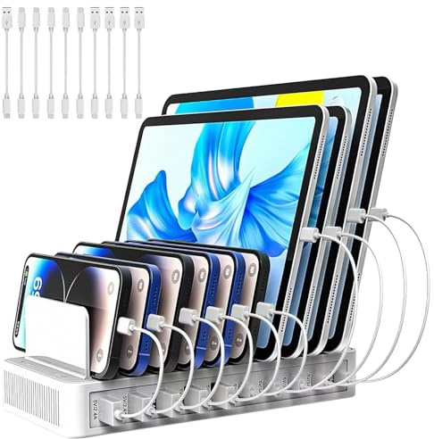 Stazione di ricarica USB da 60 W a 10 porte per più dispositivi: stazione di ricarica multipla per più dispositivi con divisori regolabili e cavo di alimentazione da 1,5 m, compatibile con tablet