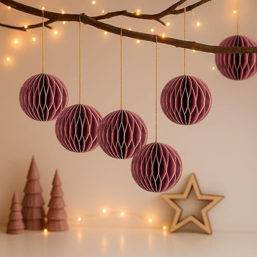 Ideen mit Herz Palline a nido d'ape da appendere, con chiusura magnetica, 6 palline di carta con bordo dorato, con nastro dorato da appendere, ciondolo per Natale, decorazione natalizia in carta
