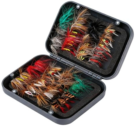 GREATRICH Kit per Pesca a Mosca, Set da 64 Mosche Artificiali per Trota e Bass, con Scatola Porta Mosche, Fishing Kit Pesca Completo per Principianti ed Esperti