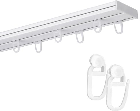 Fenster DEKOR Gardinenschiene 2-läufig – PVC Vorhangschiene zur Deckenmontage, Deckenschiene für Vorhänge, Weiß, mit Haken mit Rolle, 120 cm
