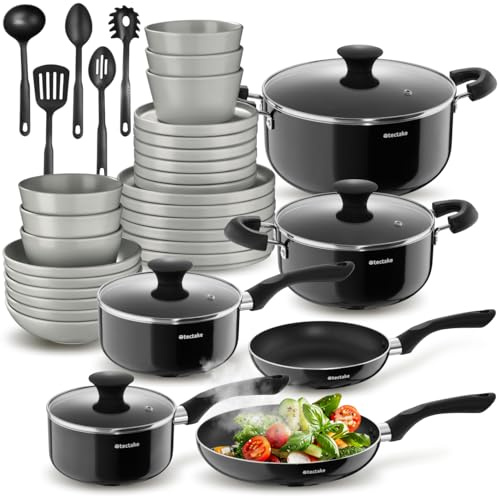tectake®, Set cucina completo, 39 pezzi, set servizio piatti 6 persone, moderni, adatti microonde, 6 ciotole, 18 piatti eleganti, 2 pentole, casseruole, padelle antiaderenti, coperchi - Grigio/Nero