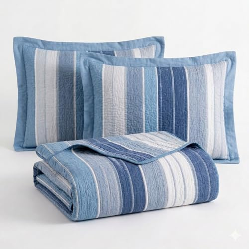 StylemyBedroom Ultrasonic Floral Bedspread Set - Soft Microfiber Quilted Coverlet for All Seasons - Includes Matching Pillow Shams (Striped, King (U.K. Standard))