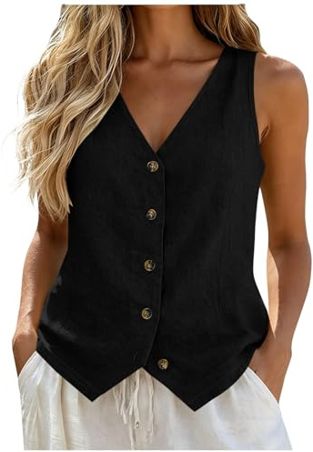 Cotton Linen Waistcoat for Women UK Formal Vest Tops Summer Fashion Sleeveless V Neck Button Down Work Shirts Business Casual Outfits