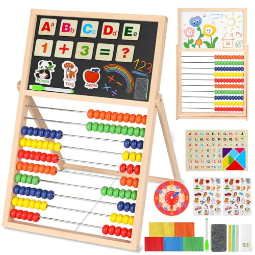 Sariiraw Wooden Abacus for Kids Math with Double-Sided Whiteboard Blackboard Letters Numbers Counting Sticks Clock All-in-One Montessori Educational Toy Homeschool Essentials for 3 4 5 6 7 8+ Year Old