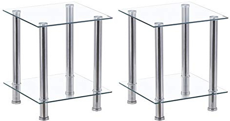 GOLDFAN 2-Tier Small Glass Coffee Table Corner Side End Table with Clear Glass and Stainless Steel Legs Living Room, Transparent (Two tables)