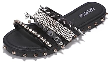 Cape Robbin Women's Spike Studded Slide Sandals Open Toe Slip On Flat Summer Beach Shoes (Xtreme) Black 8