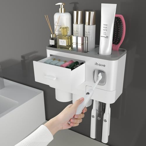 iHave Toothbrush Holder Bathroom Decor, 2 Cups Toothbrush Holder Wall Mounted with Toothpaste Dispenser, Bathroom Accessory Tooth Brush Holder with Large Capacity Tray, Cosmetic Drawer
