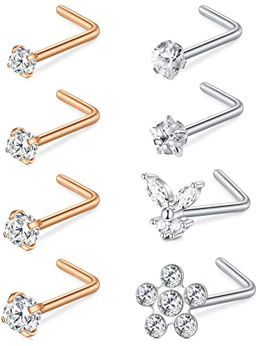 AceFun 18G Piercing Nariz Curvado en forma de L 1MM Barra de nariz Piercing de fosa nasal Diamante Piercing de zirconia cúbica Joyas para el cuerpo Plata Oro rosa Corazón Estrella Flor Mariposa 7MM