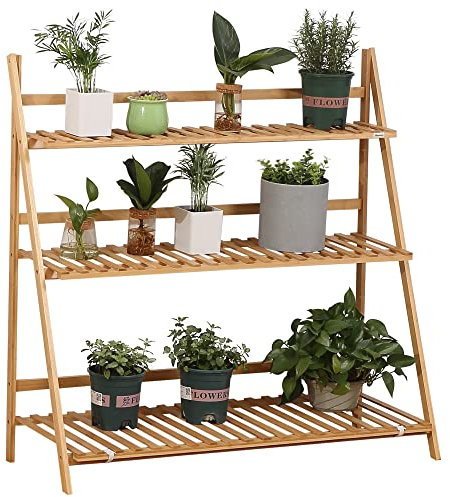 Outsunny Fioriera da Esterno a 3 Livelli in Bambù con Design Rialzato e Pieghevole, 100x39x97 cm, color Legno