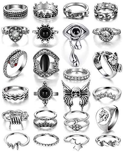 17IF 26 Pcs Vintage Silver Knuckle Ring for Women, Gothic Punk Finger Rings