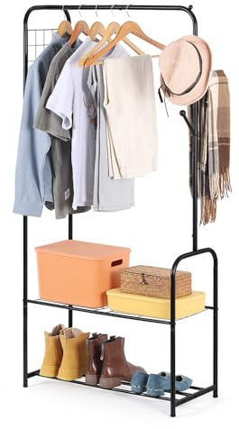 UOMIO Kleiderständer Stabil Kleiderstange aus Metall Garderobenständer mit Schuhregal und Haken Freistehender Kleiderständer für Mäntel Hemden Röcke Handtasche Hut Aufbewahrung - Schwarz