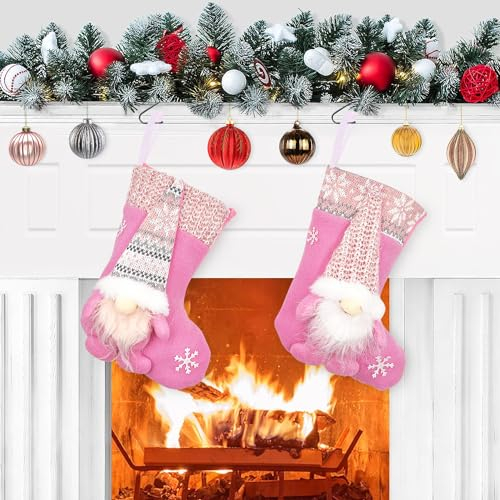 VDSOW Nikolausstrumpf Kinder 2er Set, Nikolausstiefel Zum Befüllen Klein Weihnachtsstrumpf Personalisiert Flannel Nikolaussocken zum Befüllen und Aufhängen, Weihnachtssocken Kamin Weihnachtsdeko Rosa