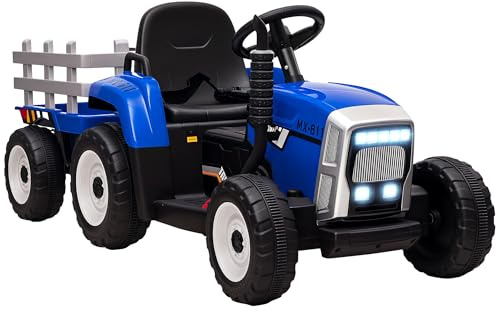 HOMCOM Kids Electric Car, 12V Electric Ride on Tractor and Trailer with Detachable Trailer Remote Control, USB, Horn, Lights, Start-Up Sound, for Ages 3-6 Years, Blue