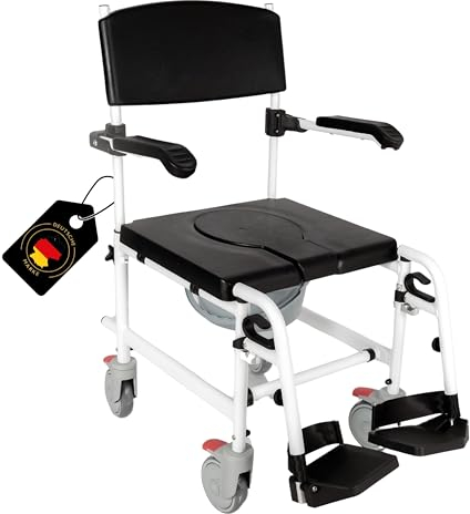 Akriva Fahrbarer Toilettenstuhl aus Aluminium - Mobiler Nachtstuhl mit gepolsterter Sitzfläche und Eimer - Toilettenrollstuhl