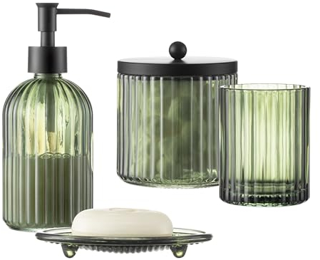 KMwares 4-teiliges schweres Badezimmer-Zubehör-Set aus Glas mit dekorativem gepresstem Muster inklusive Handseifenspender & Becher & Seifenschale & Zahnbürstenhalter (Olivgrün)