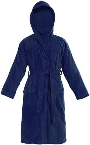 Crescent Textile Kids Bathrobes 100% Cotton Hooded Style Terry Towelling Shawl Collar Bath Robe For Toddler Boys Girls Children Dressing Gown (UK, Age, 12 Years, 14 Years, Regular, Navy)