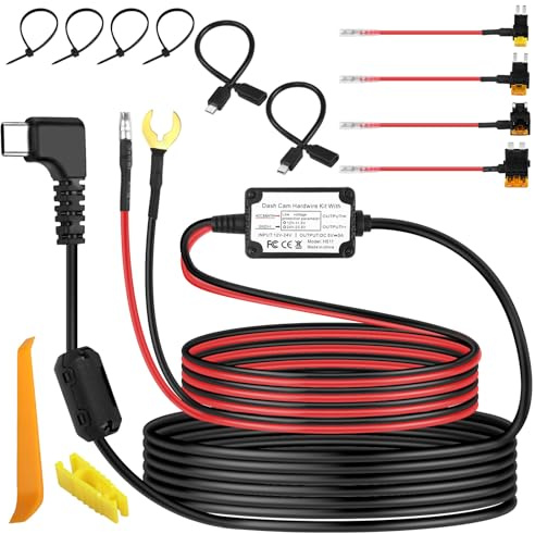 XMSJSIY Dash Cam Hardwire Kit Typ-C Adapter Micro USB/Mini USB Hardwire Kit Auto Stromkabel 12V-24V bis 5V mit 4 Sicherungshahn Kabel und Werkzeug für GPS Navigator Radar Detektor - 3.5M/11.48Fuß