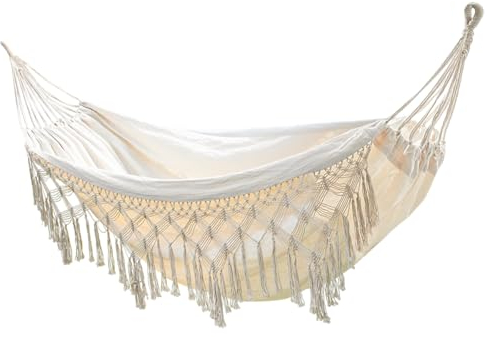 Sendowtek Hängematte Outdoor Boho-Stil Hängematte Garten mit Makramee Hängematte Baumwolle mit Tragetasche Tragfähigkeit 300Kg Große Brasilianische Hängematte für Balkon Garten Terrasse Indoor - Beige