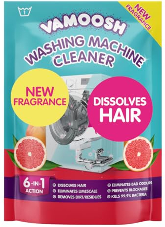 Vamoosh 6-in-1 Washing Machine Cleaner, Pink Grapefruit Scent. Dissolves Hair, Eliminates Bad Odours, Removes Limescale, Deep Clean, Leaves Smelling Fresh, Antibacterial, Descales, 1 Wash