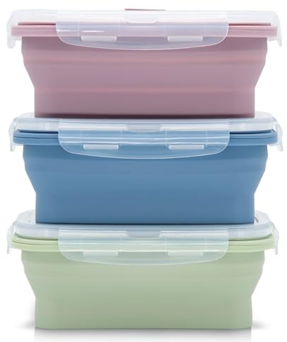 JUVEL Contenedor de Almacenamiento de Alimentos de Silicona Plegable 3 Unidades de Silicona Bolsas de Almacenamiento de Alimentos Congelador Horno Microondas y Lavaplatos uso Seguro (1200ML)