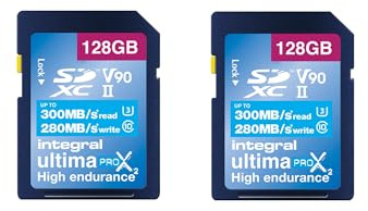 Integrerad 128 GB 2-pack UHS-II SD-kort V90 upp till 300 MB läsning och 280 MB skrivhastighet 1866X SDHC professionellt höghastighetsminneskort