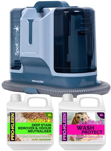 Pro-Kleen Spot Cleaner Carpet Washer 650W, 1.8L Tank, Removes Stains from Carpets, Stairs, Upholstery, Includes 5 Cleaning Attachments (Spot Cleaner With 1L Lemon and 1L Lavender)