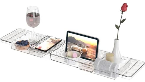 Plateau Baignoire Extensible, Planche de Bain pour Baignoire, Pont de Baignoire, Support Baignoire en Plastique, Accessoires Salle de Bain, pour Ipad, Téléphone Portable, Verre, Bougie