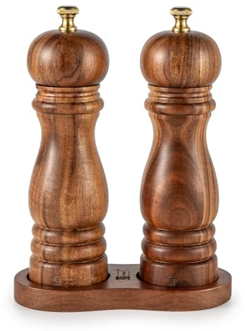 Salz und Pfeffermühle mit Tablett, Akazienholz Holz-Pfeffermühle, 2er-Set Manuelle Salz-Pfefferstreuer-Mühle, Pfeffer und Salzmühle,Keramikmahlwerk, 7 Zoll (Holz)