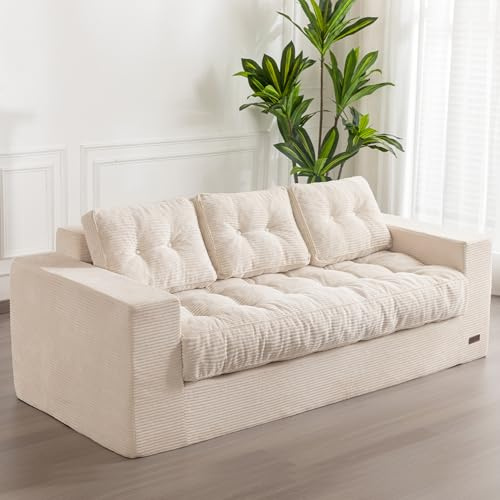 MAXYOYO Sofá de 3 Plazas de Pana, Sillón Tapizado con Reposabrazos, Sofá Loveseat sin Huesos con Cojín y Respaldo Capitoné, Sofá Puf Grande para Dormitorio y Sala de Estar