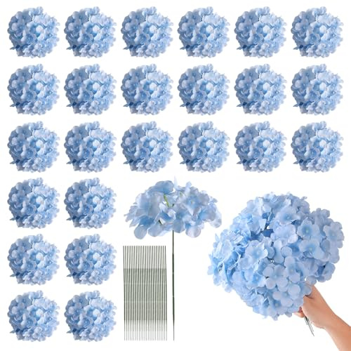Tifuly 24 Pcs Blue Hydrangea Artificial Flowers Bulk, Faux Hydrangea Full Flowers Heads with Stems, Fake Silk Flowers for Wedding, Garden, Home, Party Decoration