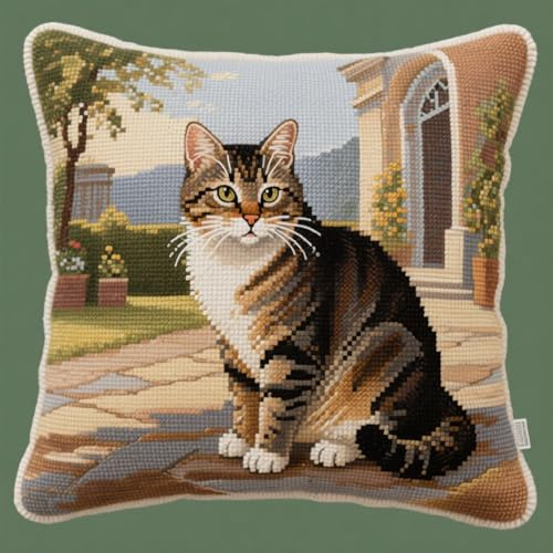 AMBATTERY Kreuzstich Kissen Set Vorgedruckt, Katzen im Tierhof Kreuzstichkissen Zum Dekorieren 45X45cm Stickkissen Zum Selbersticken Kreuzstich Set Vorgedruckt Kissenbezug