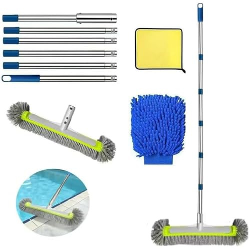 Spazzola per piscina con asta telescopica, 230 cm, spazzola per la pulizia della piscina, 45 cm, scopa per piscina con asta in acciaio inox regolabile, set di spazzole per la pulizia della piscina
