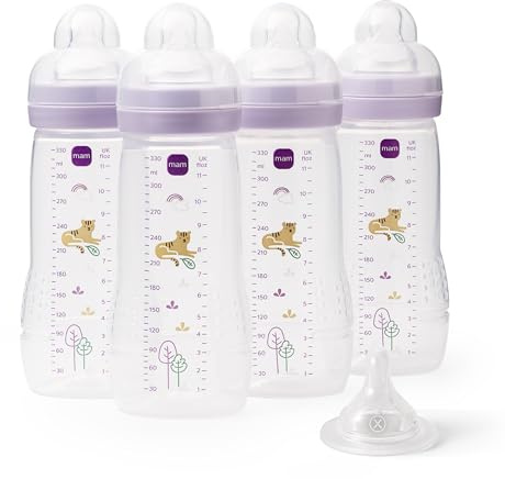 MAM Easy Active Bottles, 4X 330ml, Easy Grip Ergonomic Shape, Purple | Baby Milk Bottle with MAM Fast Flow Teat Size 3 and Extra Fast Flow Teat Size X, Baby Accessories (Designs Vary)
