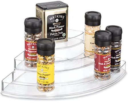 iDesign Especiero con 3 niveles, estantería esquinera de plástico con diferentes alturas para cocina, organizador de armarios para especias, latas, etc. transparente, Corner