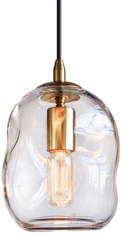 CASAMOTION Modern Glass Pendant Light Kitchen Island Gold and Clear Organic Globe Ceiling Hanging Fixtures Art Glass Industrial Design Dining Room Sink Bar Counter Porch Small Medium Lamp 8 Inch H