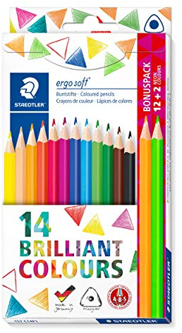 STAEDTLER Buntstifte ergosoft (erhöhte Bruchfestigkeit, ergonomische Dreikantform, rutschfeste Soft-Oberfläche, Set mit 12 brillanten Farben, Bonuspack mit 2 Neon-Farben, Kartonetui, 157 C14P1 ST)