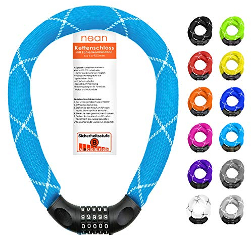 nean Fahrradschloss mit Zahlen, Kettenschloss hohe Sicherheitsstufe, Fahrrad Schloss Zahlenschloss mit Code, Kette aus gehärtetem Stahl, extrem robuste Gewebeummantelung, neonblau, 6 x 6 mm x 900 mm
